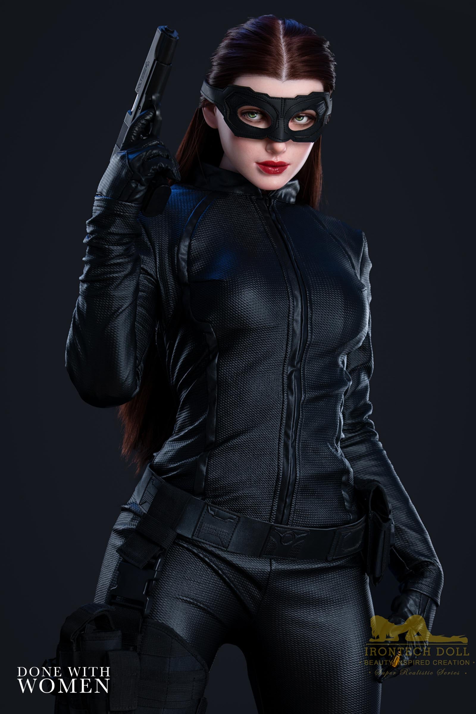 Irontech Doll 168cm Silicone with S17 Luna head shown wearing a catwoman costume